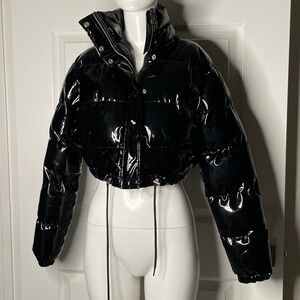 Adika Glossy Black Latex Cropped Puffer Jacket